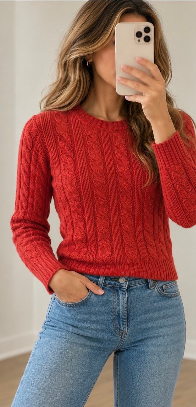 Vintage J.Crew Cable Knit Sweater Red Orange Preppy Fisherman Crewneck large